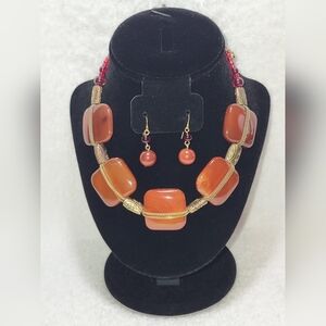 Chunky Chestnut Bead Choker and Dangle Earrings Set / Pierced